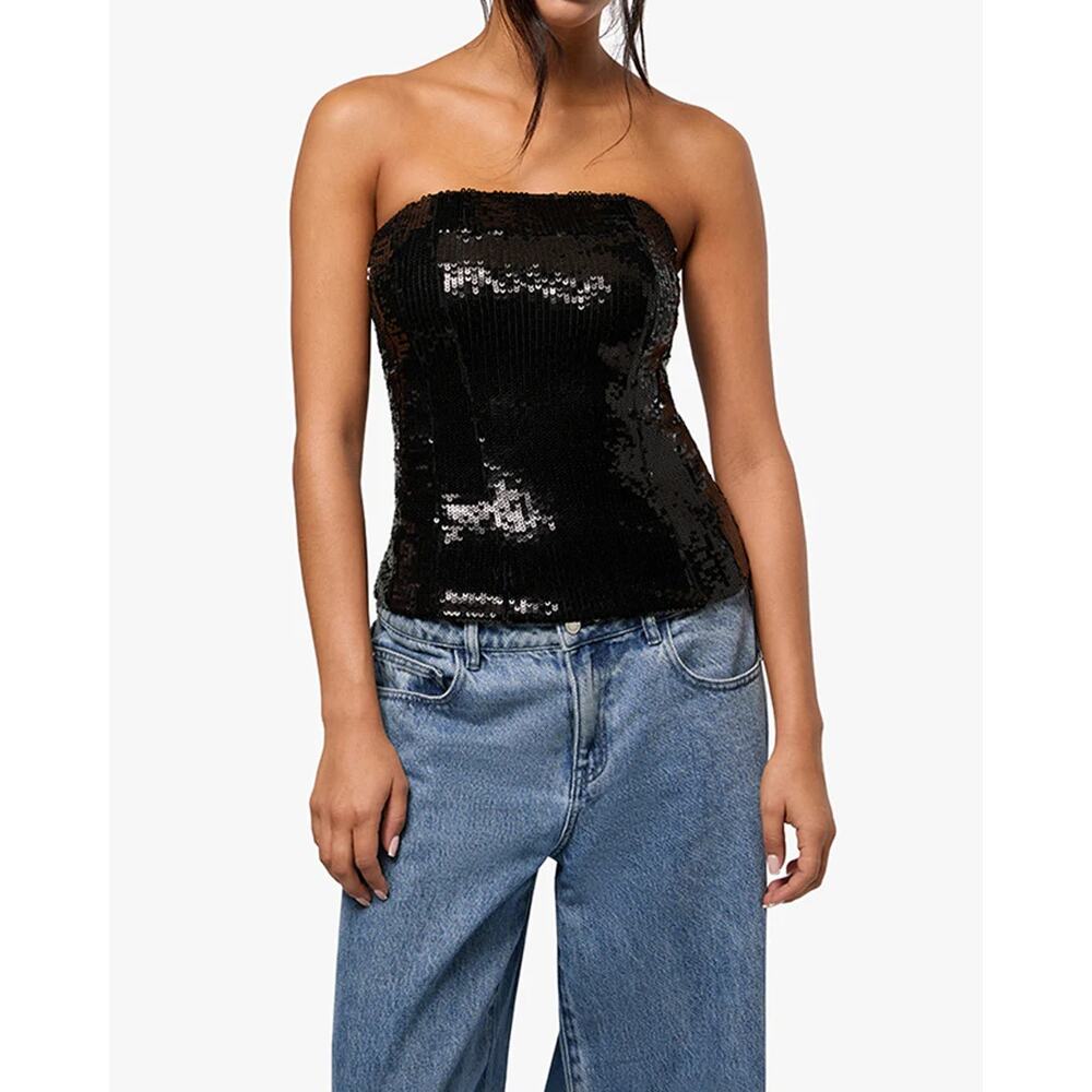 NWT WeWoreWhat Embellished Sequin Strapless Fitted Corset Top Black Women's 00